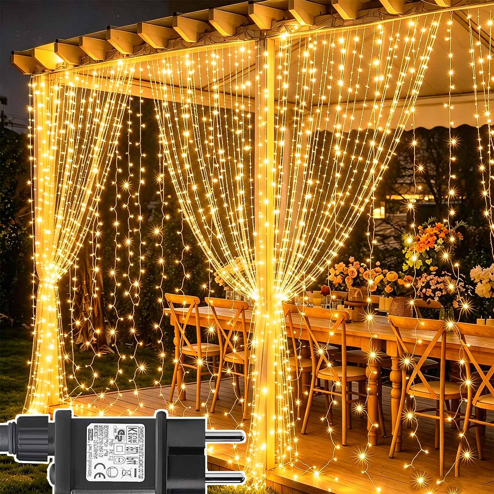 81Fwv6OshnL._SY1601_.jpg Joycome Lichtervorhang 6m x 3m mit 600 LED – Warmweiss Wasserdicht für Innen & Aussen – Bild 1