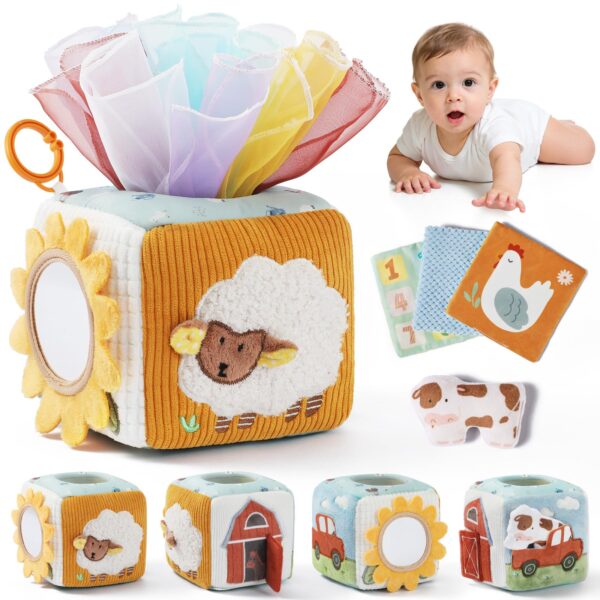 LET'S MAKE Baby Taschentuchbox – Montessori Sensorikspielzeug mit Knisterpapier & Spiegel