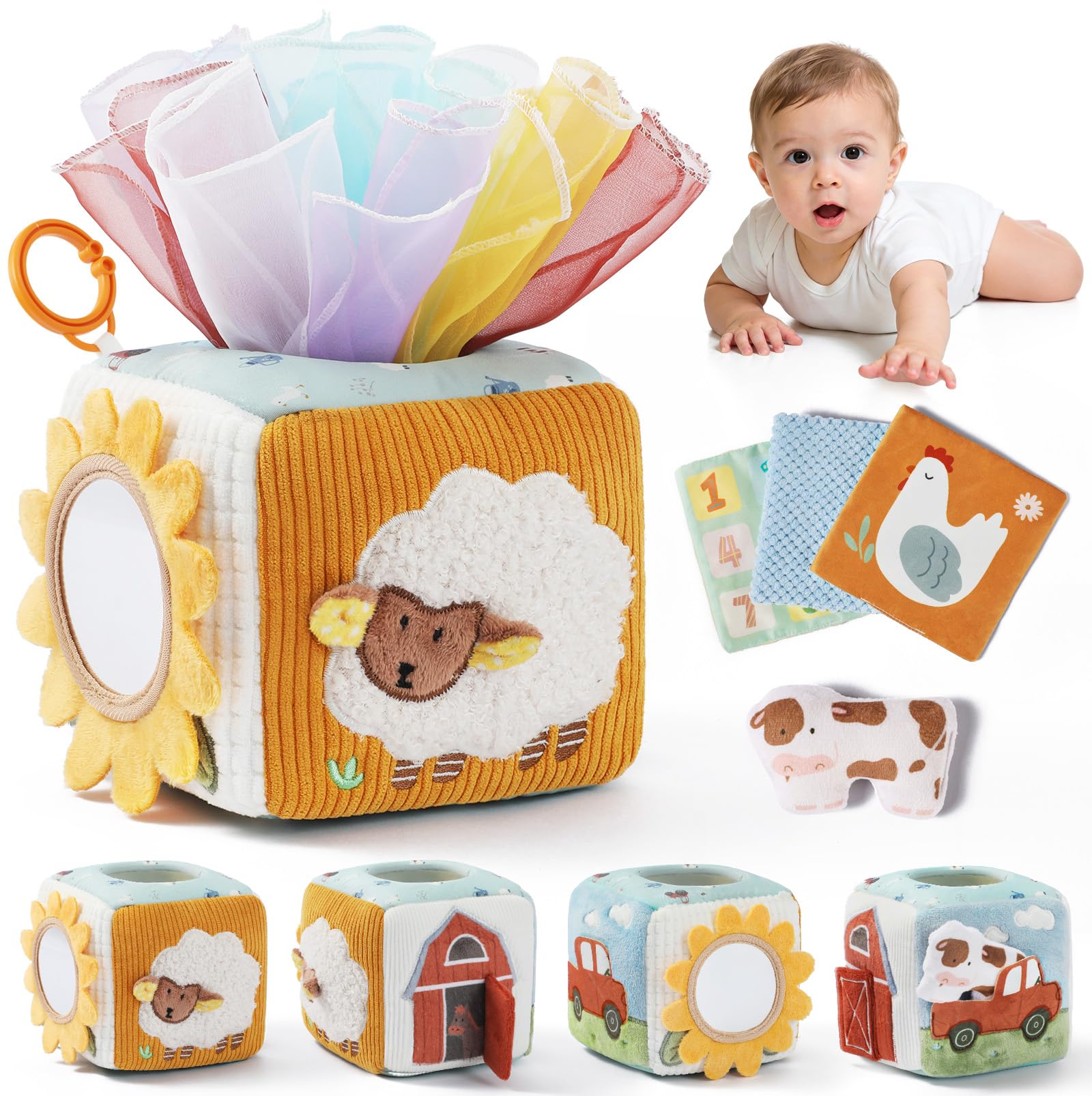 LET'S MAKE Baby Taschentuchbox – Montessori Sensorikspielzeug mit Knisterpapier & Spiegel