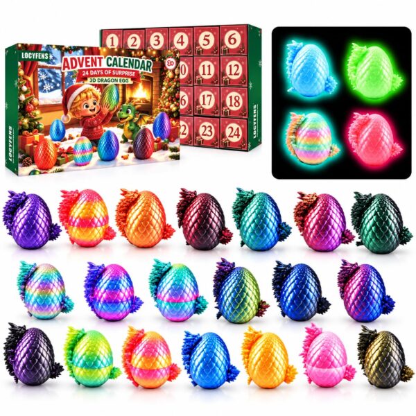 LOCYFENS Adventskalender 2026 – 24 Dracheneier mit beweglichen Drachen-Figuren für Kinder ab 3+
