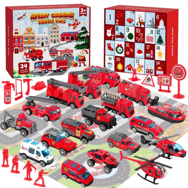 Edonkvi Adventskalender 2026 Feuerwehr – 24 Fahrzeuge & Zubehör für Kinder ab 3 Jahren