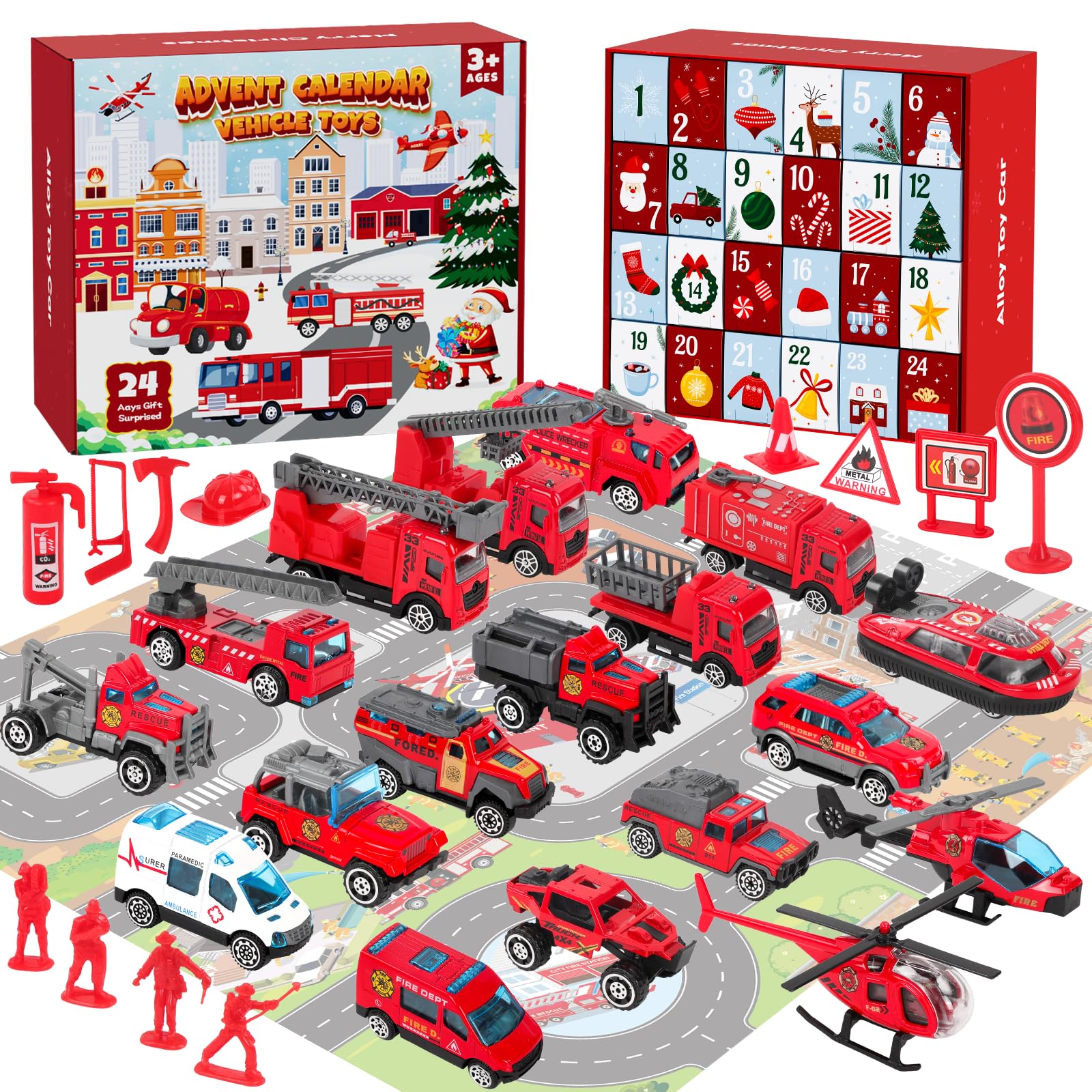 Edonkvi Adventskalender 2026 Feuerwehr – 24 Fahrzeuge & Zubehör für Kinder ab 3 Jahren
