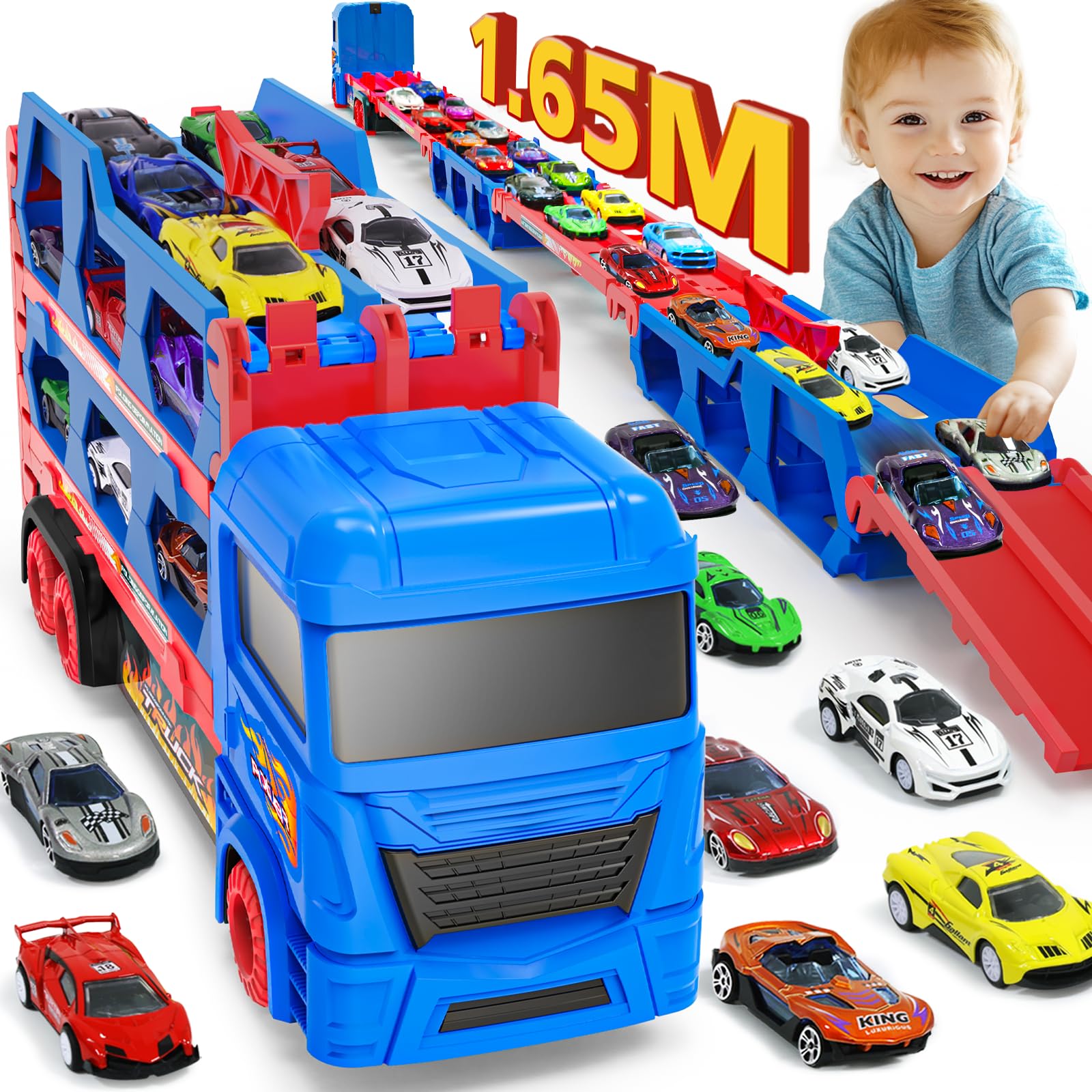81J7DZ6USOL._SY1600_.jpg maysida Autotransporter mit Rennbahn 165 cm – 2-in-1 Spielzeug mit 10 Mini-Autos für Kinder – Bild 1