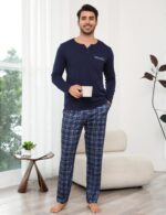 Bresdk Herren Schlafanzug lang aus Baumwolle – Zweiteiliges Pyjama Set mit Interlock-Stoff – Bild 4