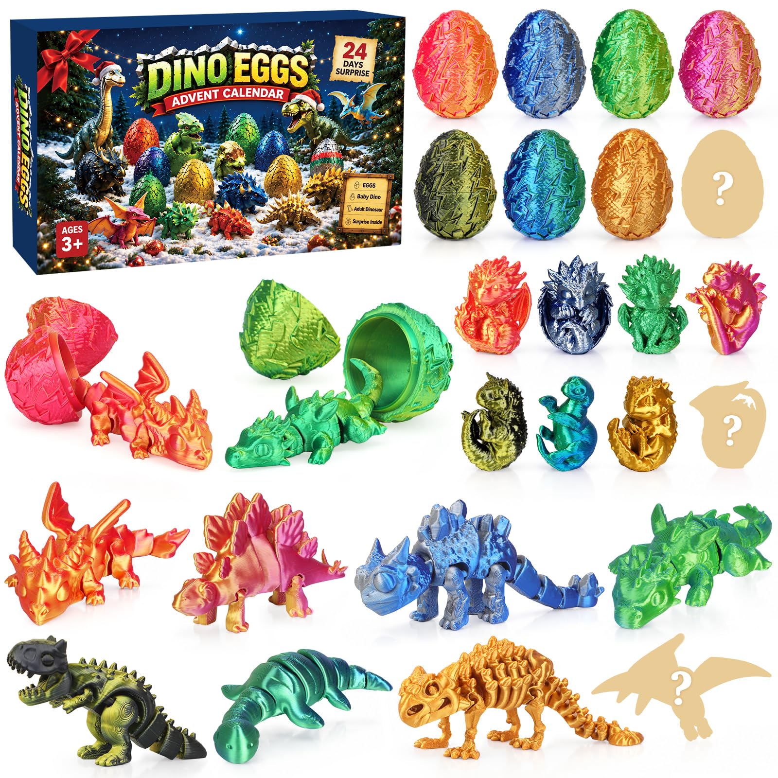 Telgoner Dinosaurier Adventskalender 2026 – 24 3D-gedruckte Figuren für Kinder ab 3 Jahren