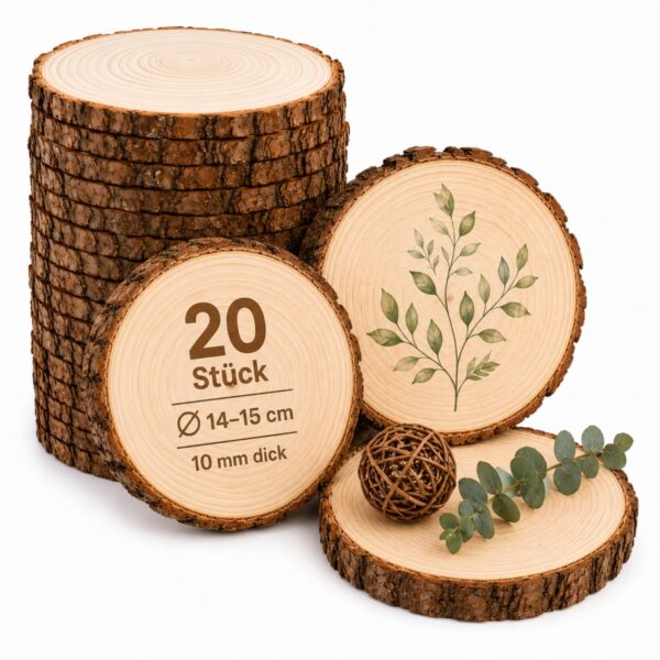 Truevaste 20er Set Holzscheiben Ø14-15cm, 10mm Dick – Unbehandelte Kiefernholz-Baumscheiben für Lasergravur & Deko