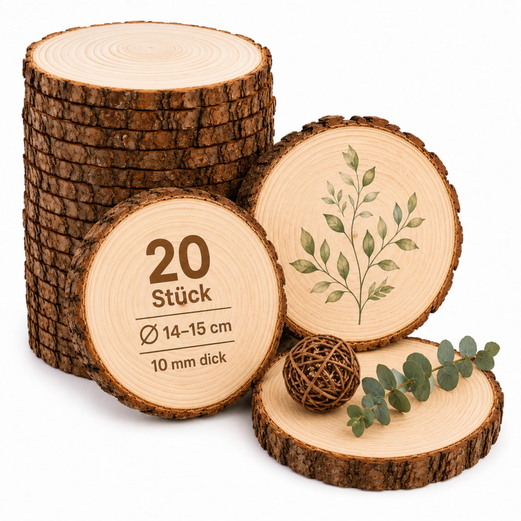 Truevaste 20er Set Holzscheiben Ø14-15cm, 10mm Dick – Unbehandelte Kiefernholz-Baumscheiben für Lasergravur & Deko