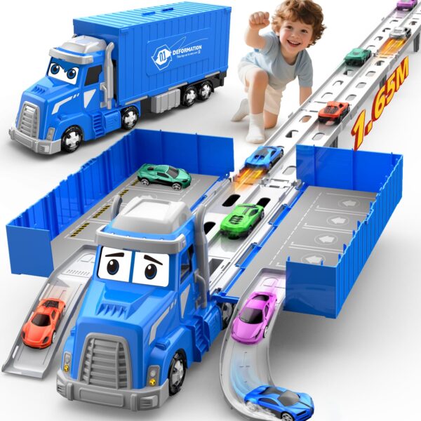 maysida Containerwagen 3-in-1 Spielzeugset – 165 cm Rennbahn mit 6 Die-Cast Autos für Kinder