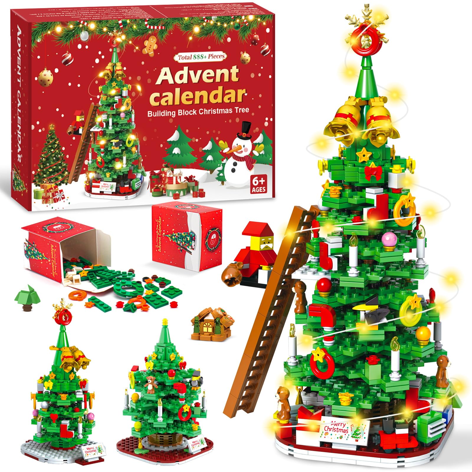 CHILDGO Weihnachtsbaum Adventskalender – 888 Bausteine mit LED für 24 Tage Countdown