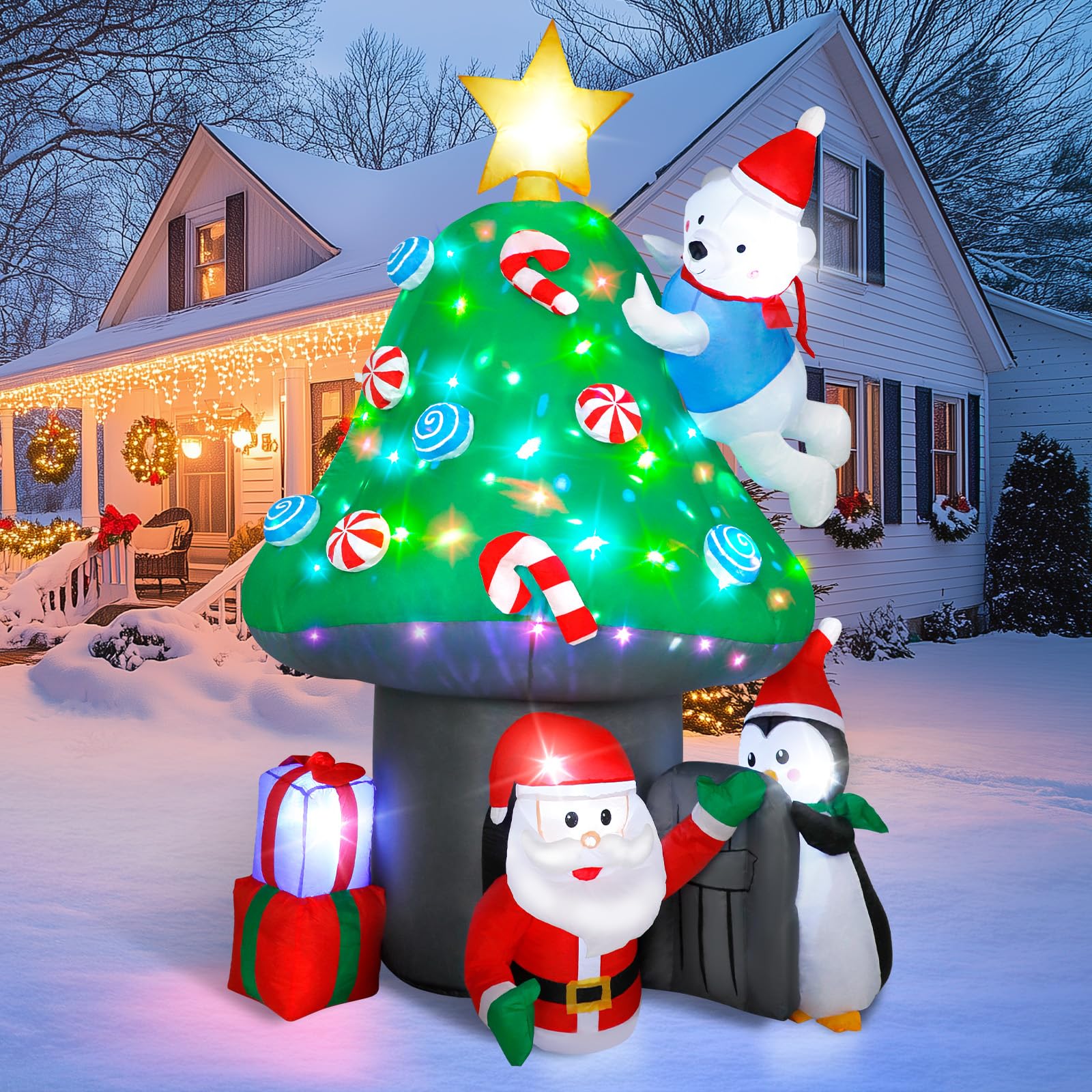 81QFNLRYqGL._SY1600_.jpg Vintoney 213cm Aufblasbares Pilzhaus mit Weihnachtsmann, Pinguin & Bär – XXL LED Weihnachtsdeko – Bild 1