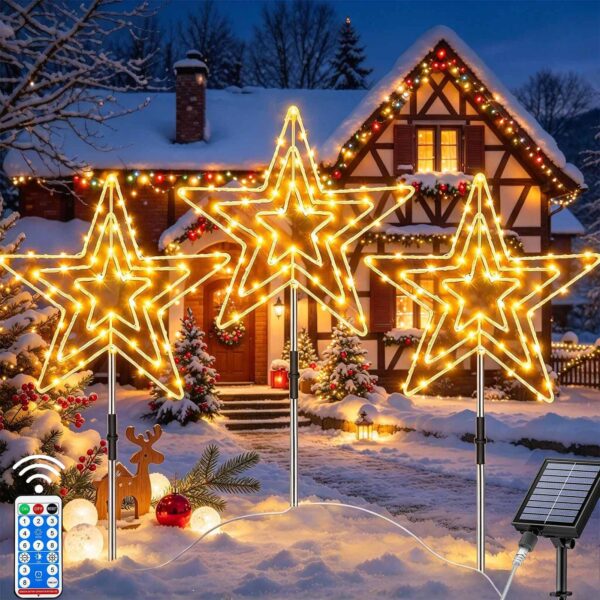 Cozymeow Solar Weihnachtsstern 3er Set – 225 LEDs mit Fernbedienung & Metallrahmen für Garten