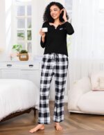 Bresdk Damen Schlafanzug Lang Baumwolle Kariert – Zweiteiliger Pyjama mit V-Ausschnitt – Bild 4