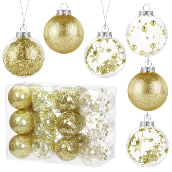 Kesote Weihnachtskugeln Gold 24er-Set – Kunststoff-Christbaumkugeln mit Glitzer & Deckel
