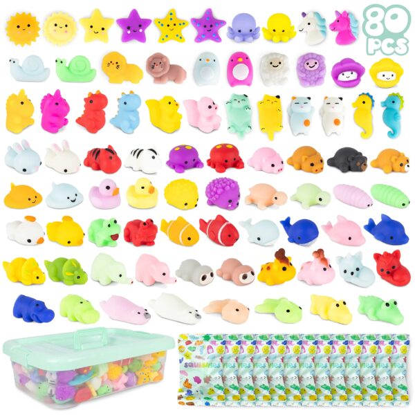 BONNYCO Mochi Squishy Set 80 Stück – Kawaii Squeeze Toys mit Aufbewahrungsbox für Kindergeburtstag