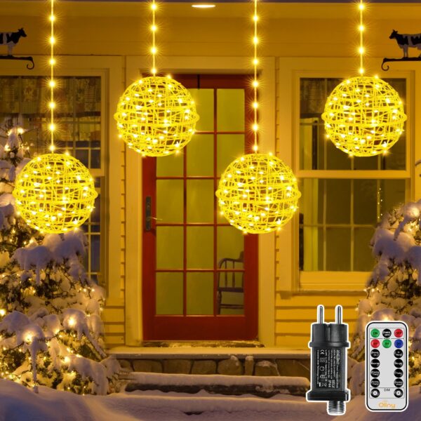 Ollny LED-Kugellichterkette 20cm, 4er-Set mit 184 LEDs & Fernbedienung – Warmweiss Außendeko