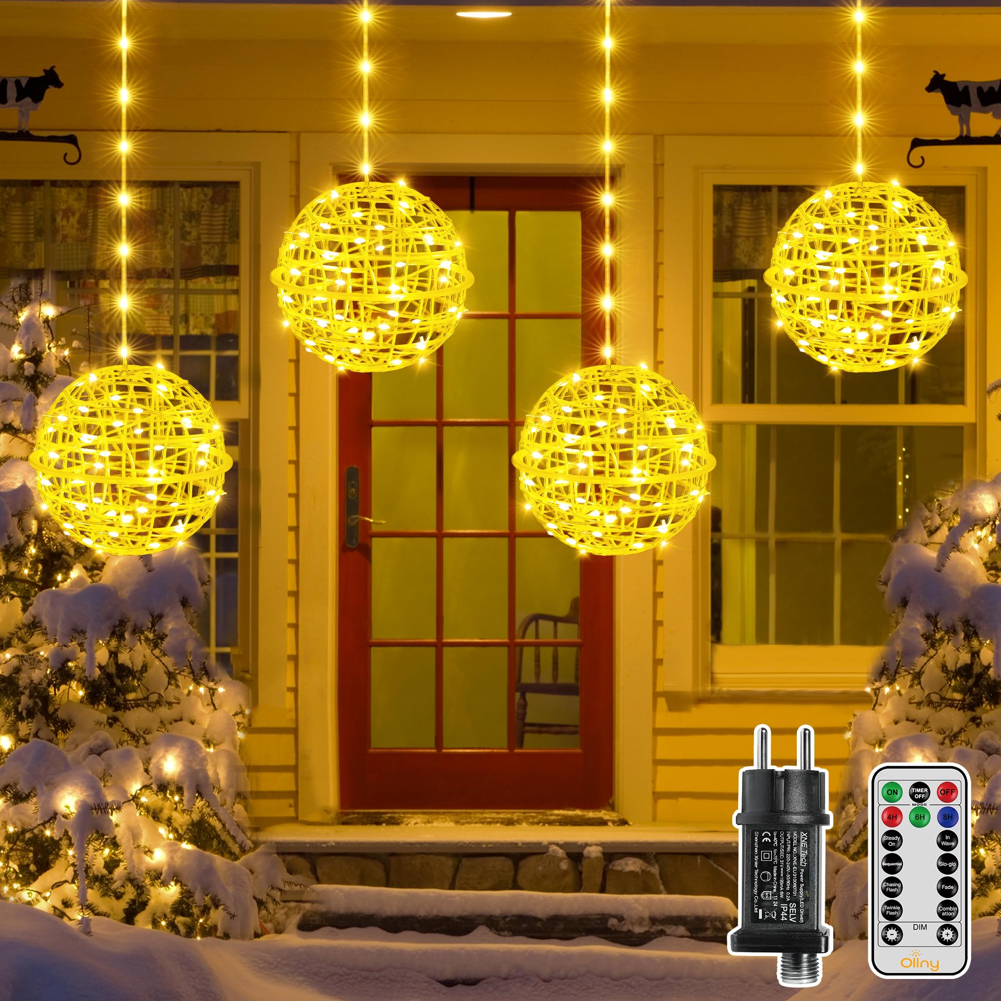 81Sn17sMYL._SY2000_.jpg Ollny LED-Kugellichterkette 20cm, 4er-Set mit 184 LEDs & Fernbedienung – Warmweiss Außendeko – Bild 1