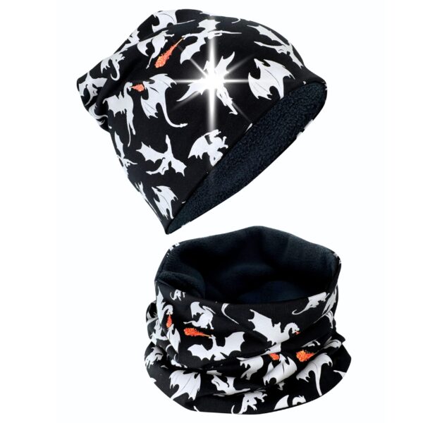 HECKBO 360° Reflektor Kinder Mütze & Loop Schal Set – Winterset mit Drachenmotiv für Schulkinder