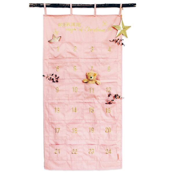 Papierdrachen Adventskalender 2026 Wandteppich Rosa Gold – 120x60 cm mit 24 Stoffbeuteln