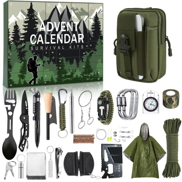 MH MYLUNE HOME Taktischer Adventskalender 2026 – 24er Survival-Set mit Hüfttasche & Poncho