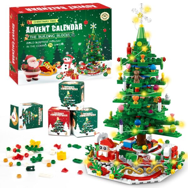 Adventskalender 2026 Weihnachtsbaum Bausteine – 24-in-1 Baustein-Set mit LED für Kinder & Erwachsene
