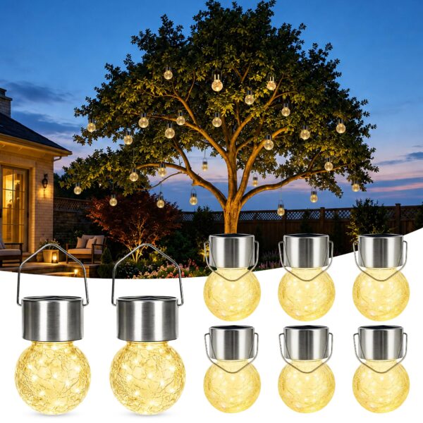 GIGALUMI Solar-Hängeleuchten 8er Set – Warmweiss Gartenleuchten mit Crackle-Glas
