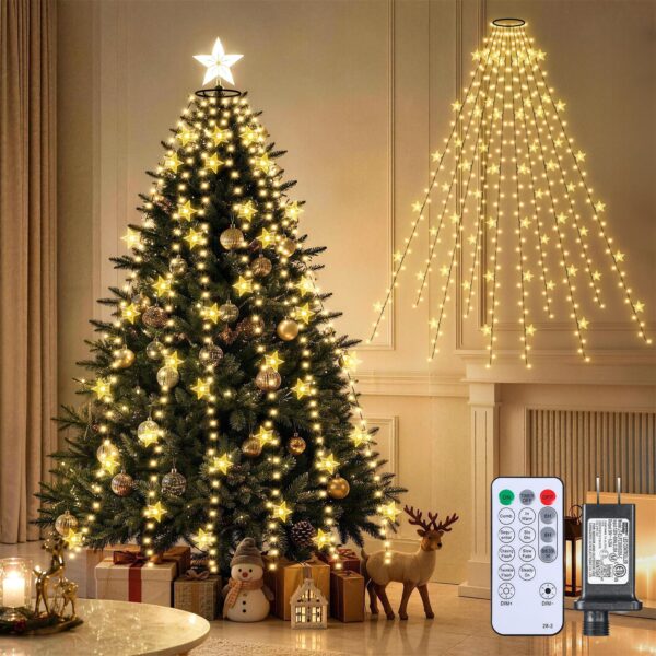 ELKTRY 400 LED Weihnachtsbaum Lichterkette mit 60 Sternen & Fernbedienung – 3-Min.-Montage