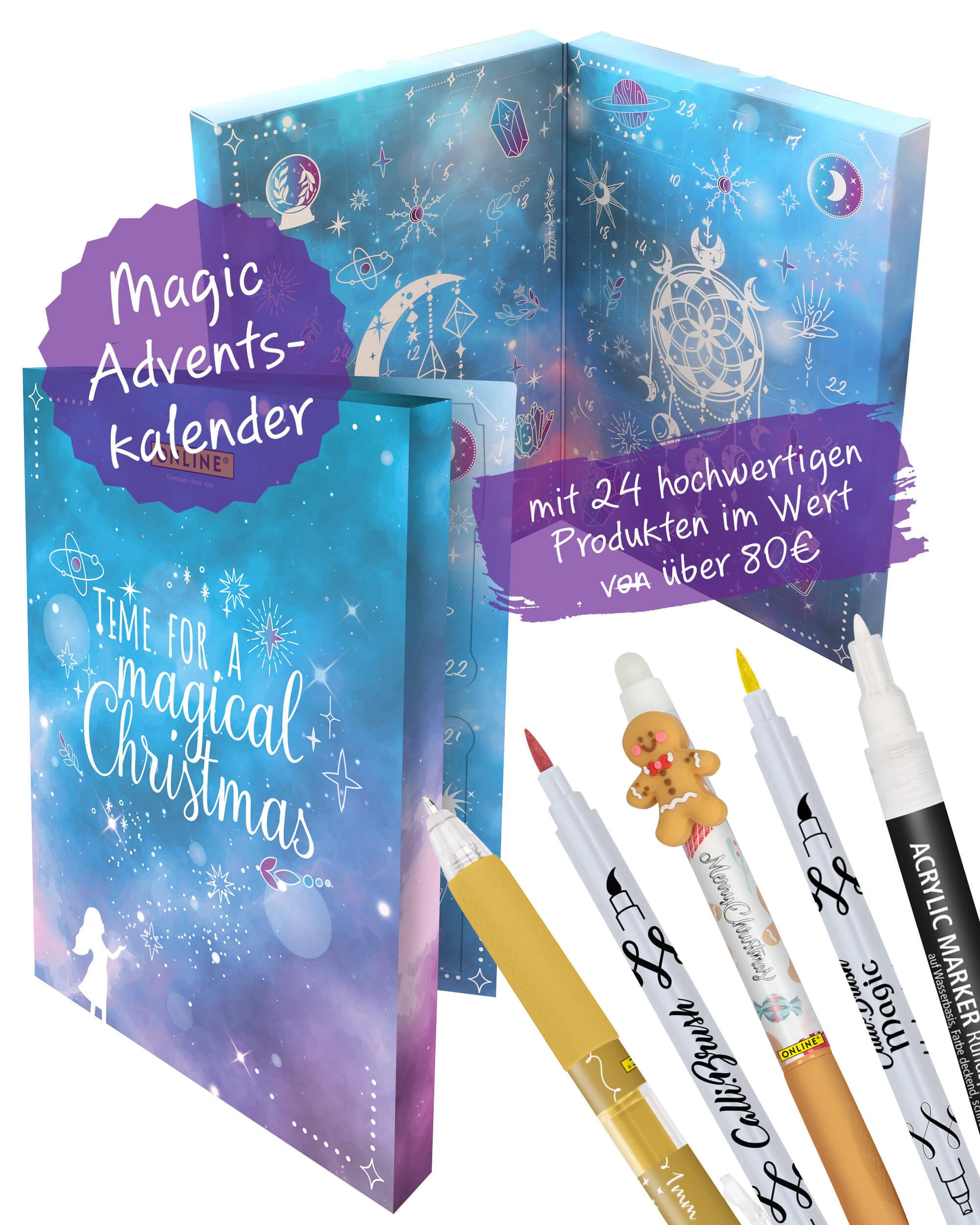 81WQpPIHsL._SY2500_.jpg ONLINE Magic Adventskalender 2026 – 24 Kreativ-Stifte für Handlettering & Kalligraphie – Bild 1