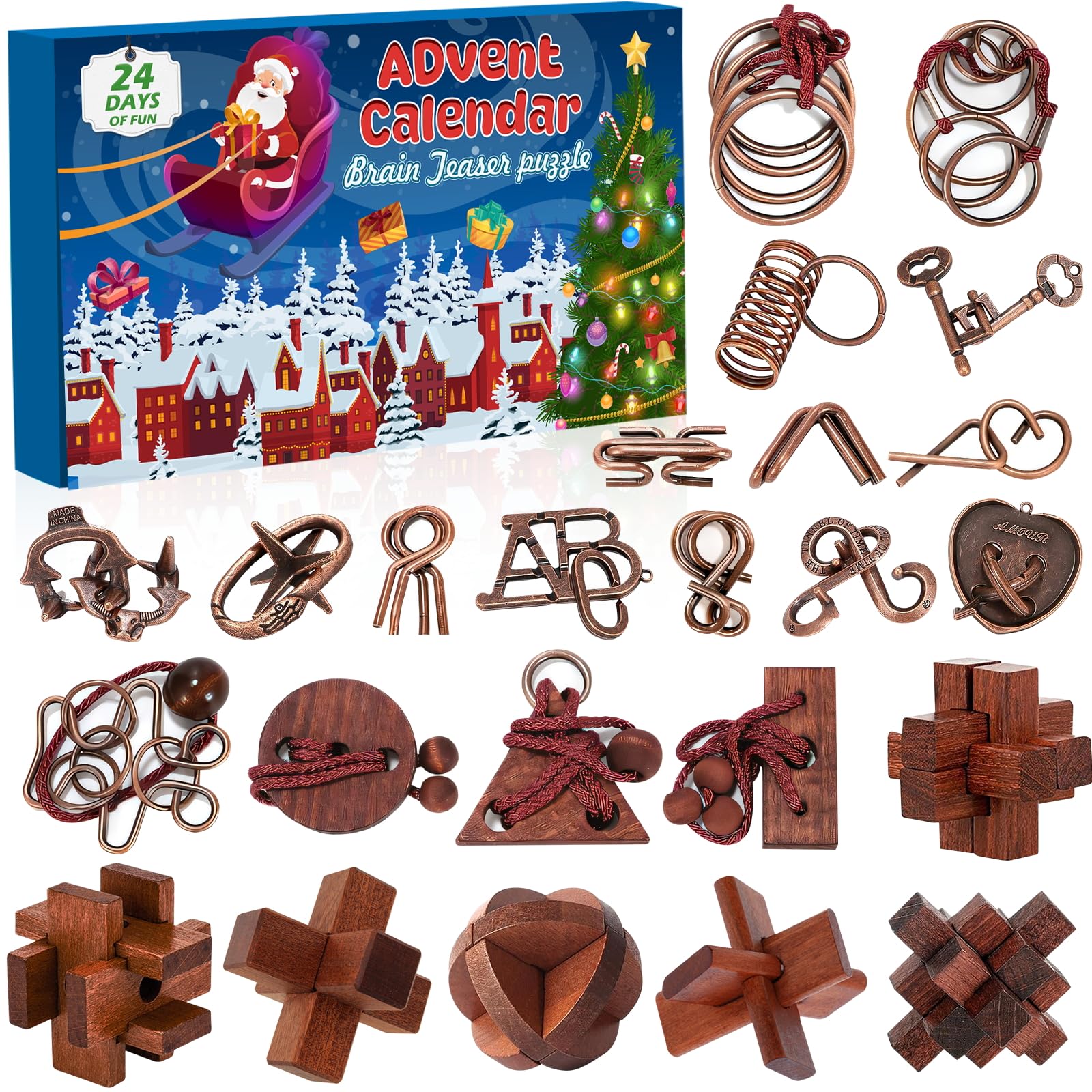 Adventskalender 2026 Knobelspiele – 24 Logikrätsel aus Holz & Metall für Kinder & Erwachsene