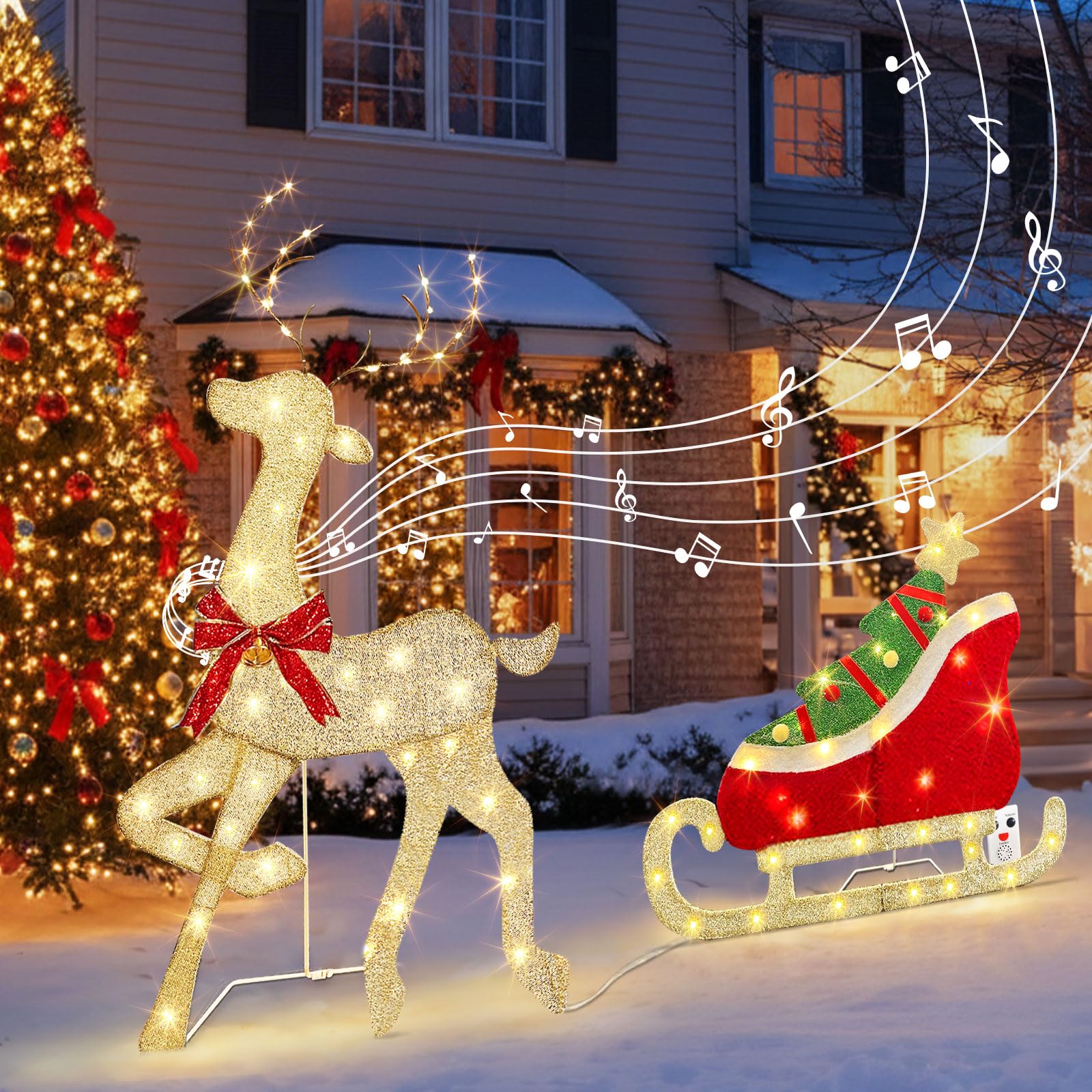 DELICHTER Rentier mit Schlitten 107 cm – 117 LED Warmweiss mit Musik & Bewegungsmelder