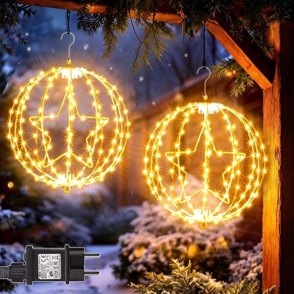 Yowin 30cm Weihnachtsleuchtkugel 200 LED mit Timer & 8 Modi – Wasserdichte Außendeko im 2er-Set