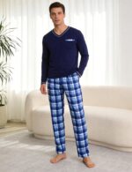 Bresdk Herren Schlafanzug Baumwolle Lang – Warmer Pyjama mit V-Ausschnitt & Taschen – Bild 7