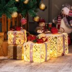 COSTWAY 3er Set LED Geschenkboxen – Beleuchtete Weihnachtsdeko mit Timer für Innen & Aussen