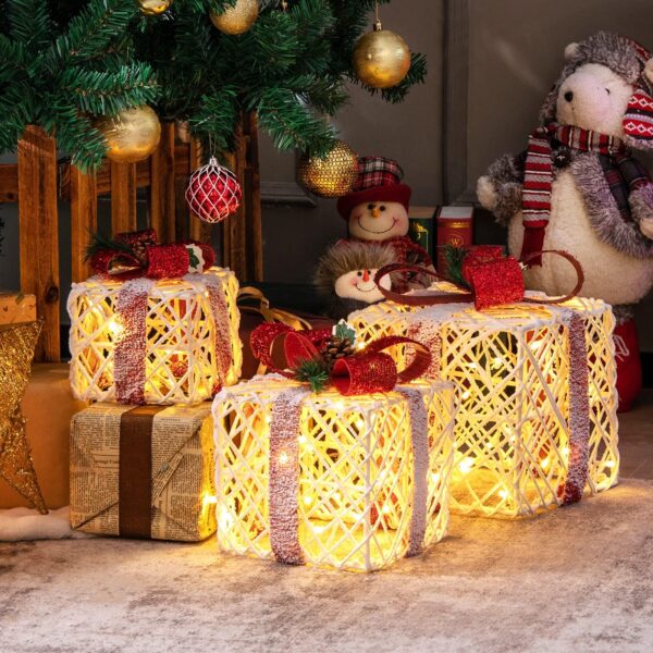 COSTWAY 3er Set LED Geschenkboxen – Beleuchtete Weihnachtsdeko mit Timer für Innen & Aussen