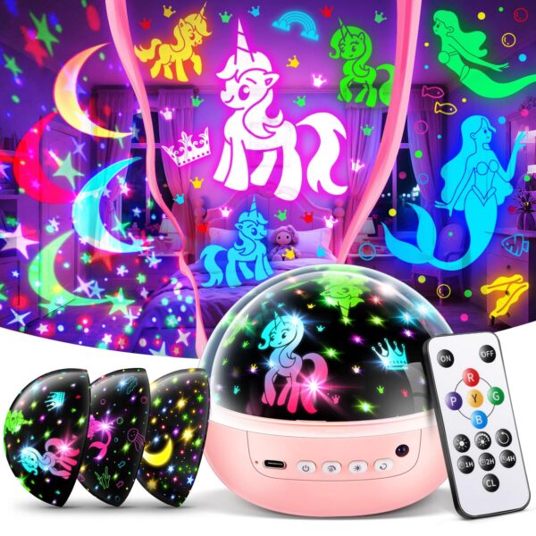 OneFire Einhorn Sternenhimmel Projektor – 3 Filme + 93 Effekte mit Fernbedienung für Mädchen ab 3 Jahren