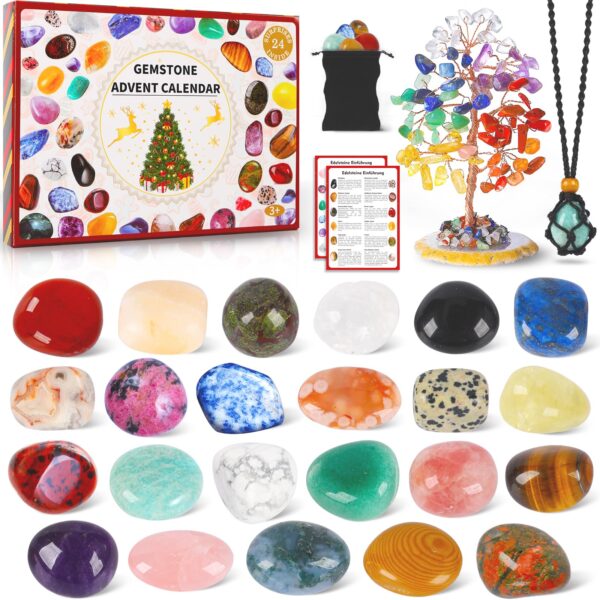 Echehi Edelstein Adventskalender 2026 mit 7-Chakra-Kristallbaum – 24 Natursteine für alle Altersgruppen