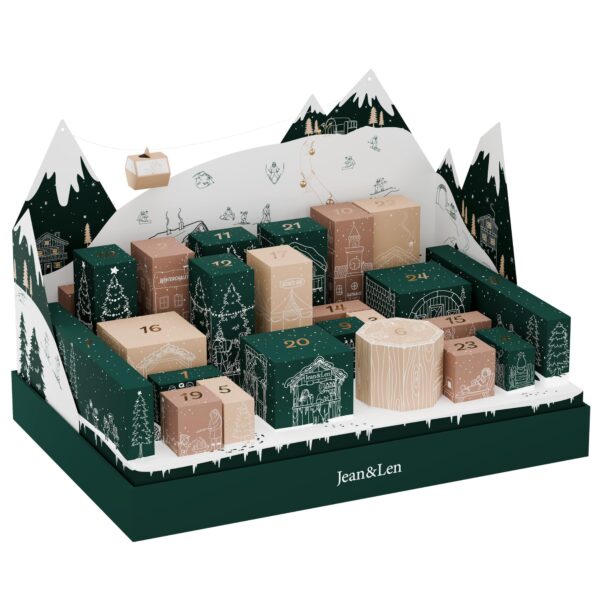 Jean & Len Adventskalender 2026 – 3D-Skilandschaft mit 24 Wellness-Produkten in Originalgrösse