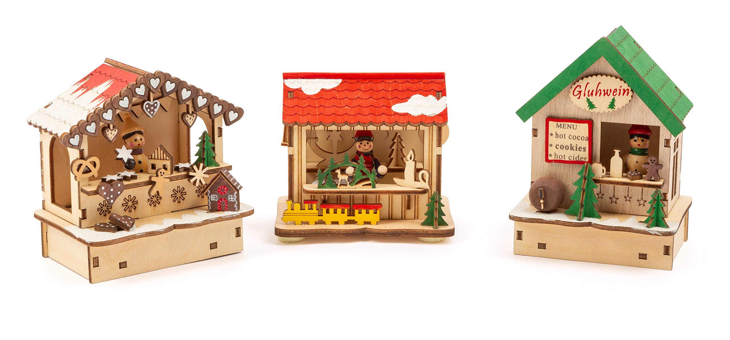 small foot Weihnachtsmarkt Lampen-Set aus Holz – LED-Dekoration mit 3 beleuchteten Hütten