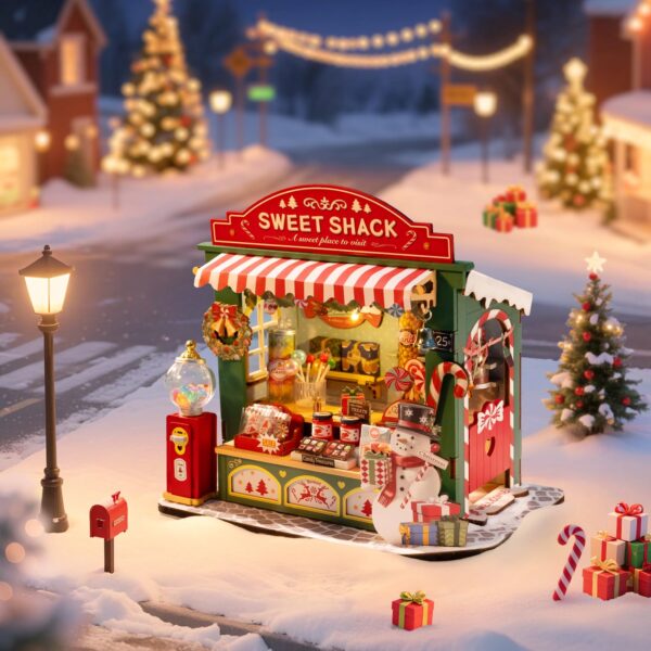 Rolife Weihnachtskuchenstand – 170-teiliges Miniatur Haus Bastelset ohne Kleber für Erwachsene