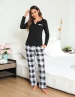 Bresdk Damen Schlafanzug Lang Baumwolle Kariert – Zweiteiliger Pyjama mit V-Ausschnitt – Bild 2
