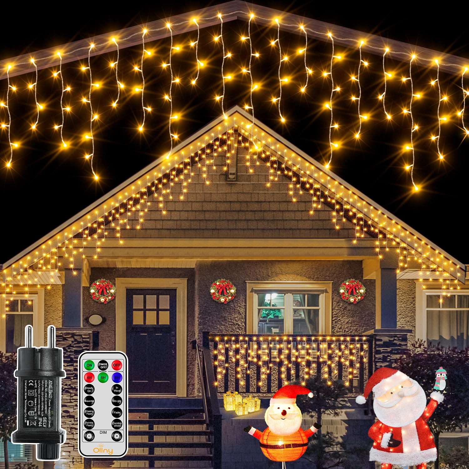 Ollny Eisregen Lichterkette 12m mit 504 LEDs – Warmweiss Weihnachtsbeleuchtung aussen mit Fernbedienung
