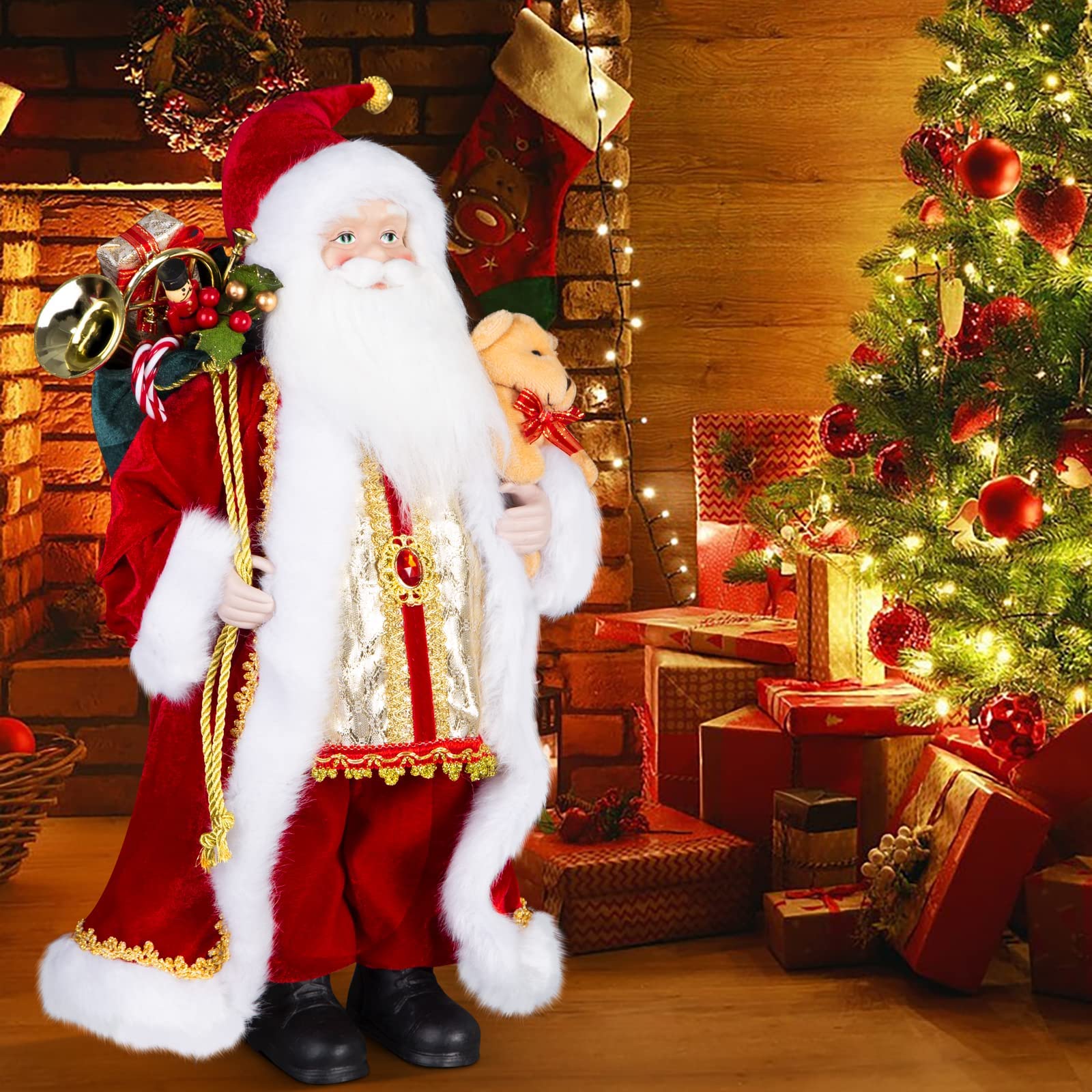 81g7tKWp3OL._SY1600_.jpg Uten Weihnachtsmann Figur 43 cm – Stehende Santa Claus Deko mit Geschenktüte & Bär – Bild 1