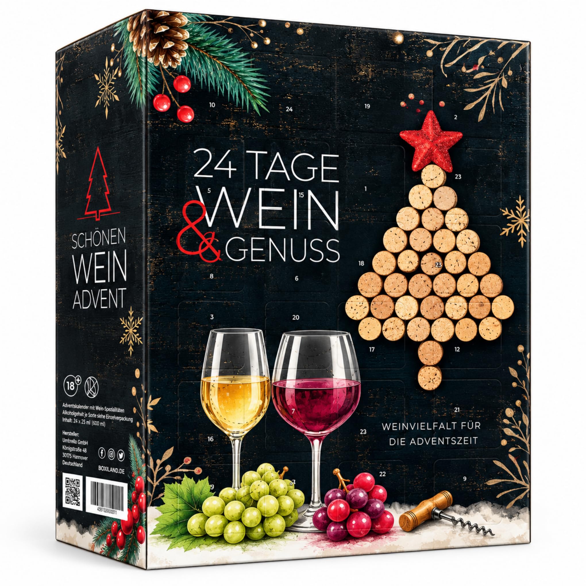 BOXILAND® Wein Adventskalender 2026 – 24 Weine à 0,25 l Rot, Weiss & Rosé