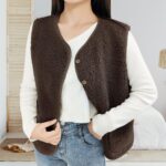 beifon Teddy Fleece Weste Damen – Ärmellose Fellweste mit V-Ausschnitt für Herbst & Winter – Bild 2