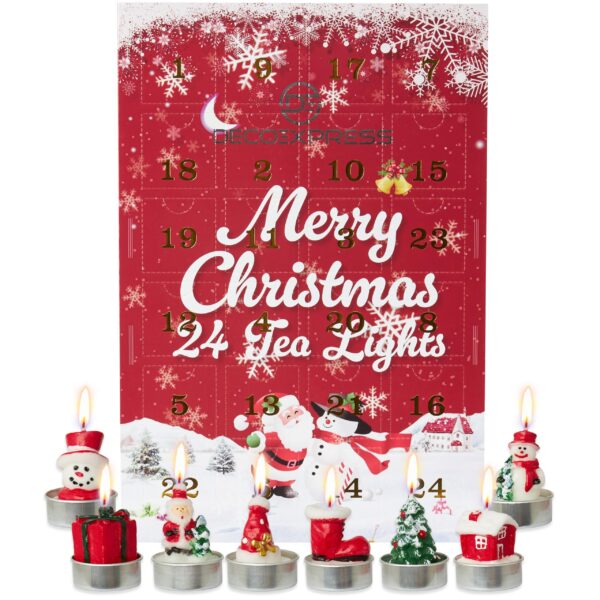DECO EXPRESS Kerzen Adventskalender 2026 – 24 Teelichter mit Keramikhalter & Weihnachtsdeko