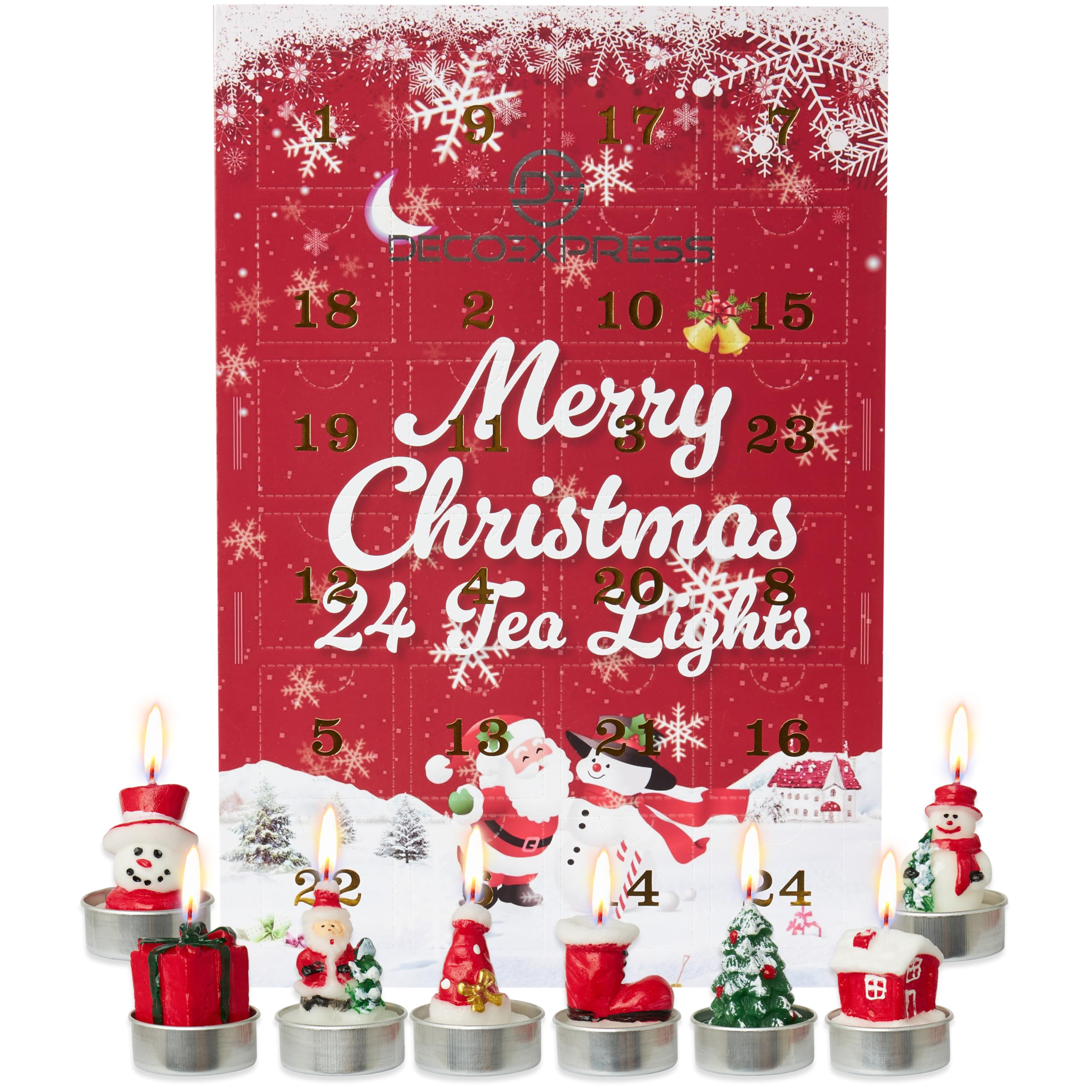 DECO EXPRESS Kerzen Adventskalender 2026 – 24 Teelichter mit Keramikhalter & Weihnachtsdeko