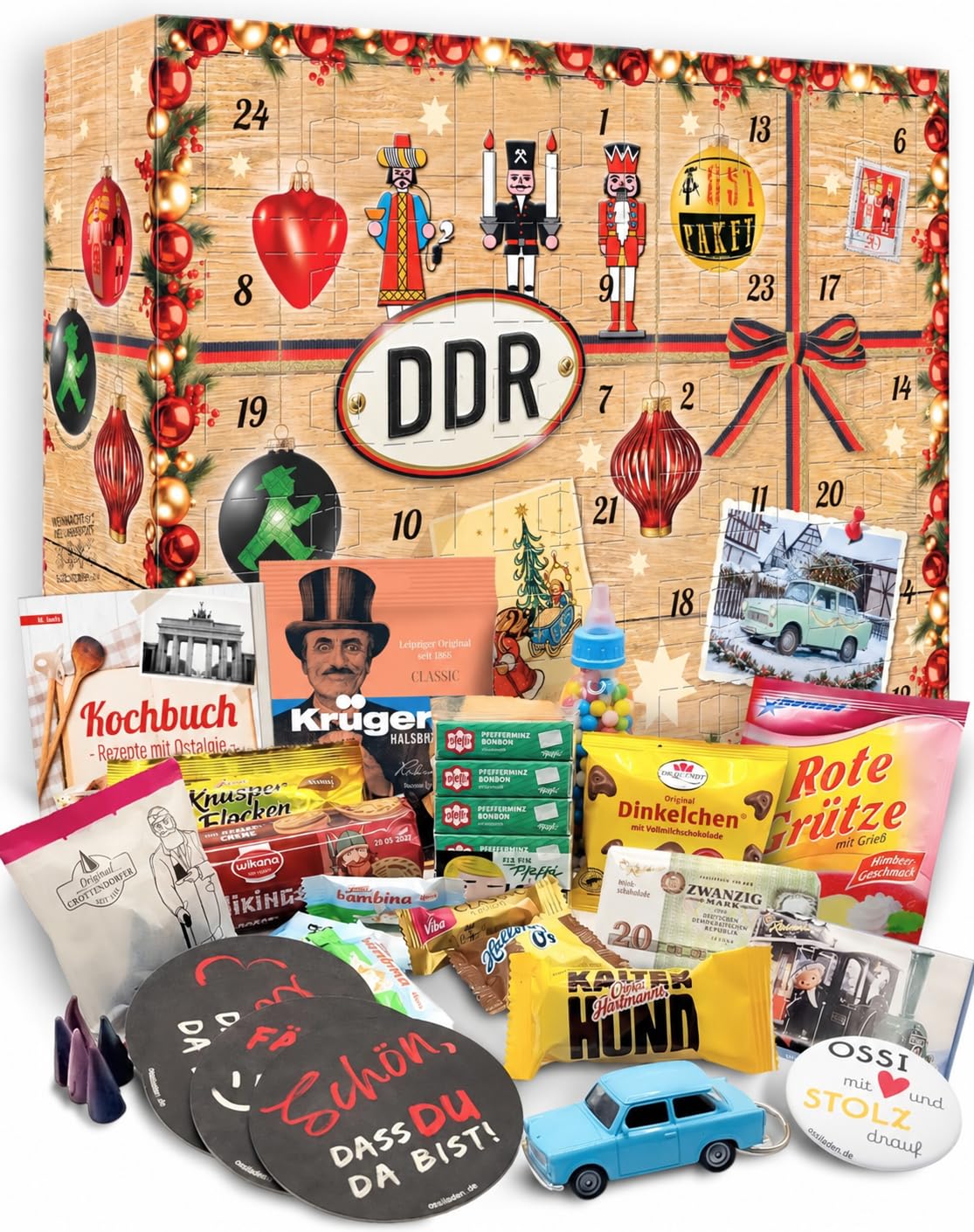 81lR9tjPVL._SY1410_-1.jpg DDR Adventskalender mit 24 Ostprodukten – Nostalgie & Genuss in Holzoptik-Box mit Kochbuch – Bild 1