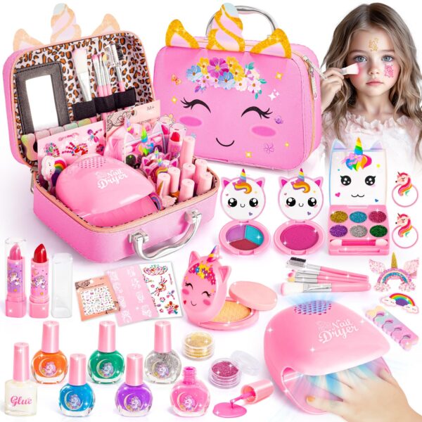 Hohosunlar Kinderschminke Schminkkoffer mit Nagelstudio – Waschbares Make-up Set für Mädchen 3-12