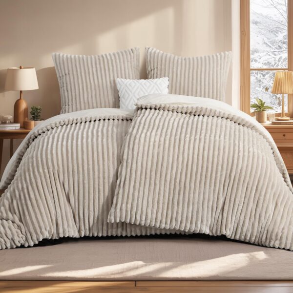 Aisbo Winterbettwäsche 135x200 4-teilig Beige – Teddy Fleece Flanell Bettgarnitur