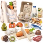 Lehoo Castle Kaufladen Zubehör Holz – 23-teiliges Kinderküche Set mit Einkaufstasche für Kinder ab 3