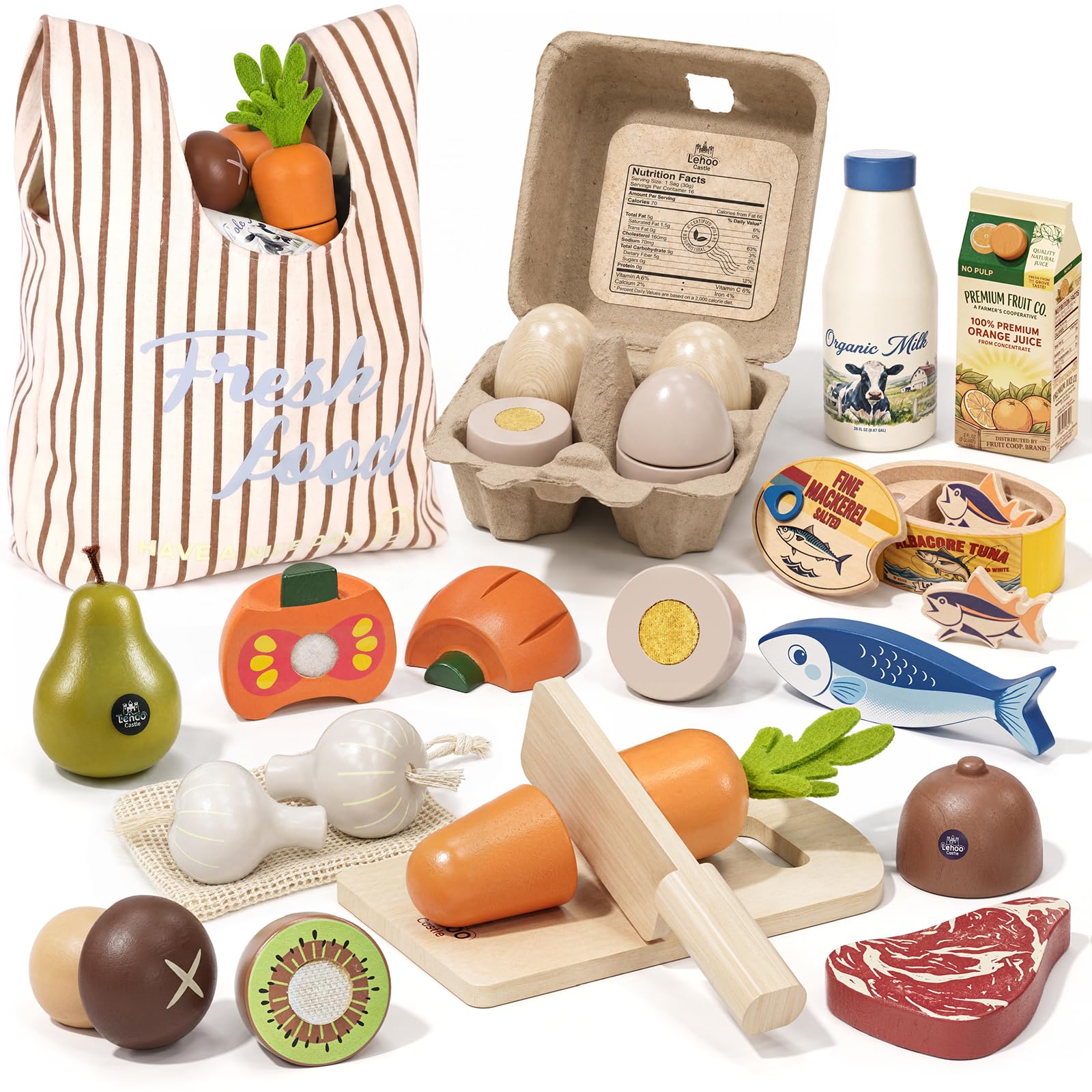81qAA5smTJL._SY1600_.jpg Lehoo Castle Kaufladen Zubehör Holz – 23-teiliges Kinderküche Set mit Einkaufstasche für Kinder ab 3 – Bild 1